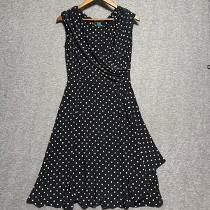 Ralph Lauren Black and White Polka Dot Midi Dress With Wrap Design Womens Size 8